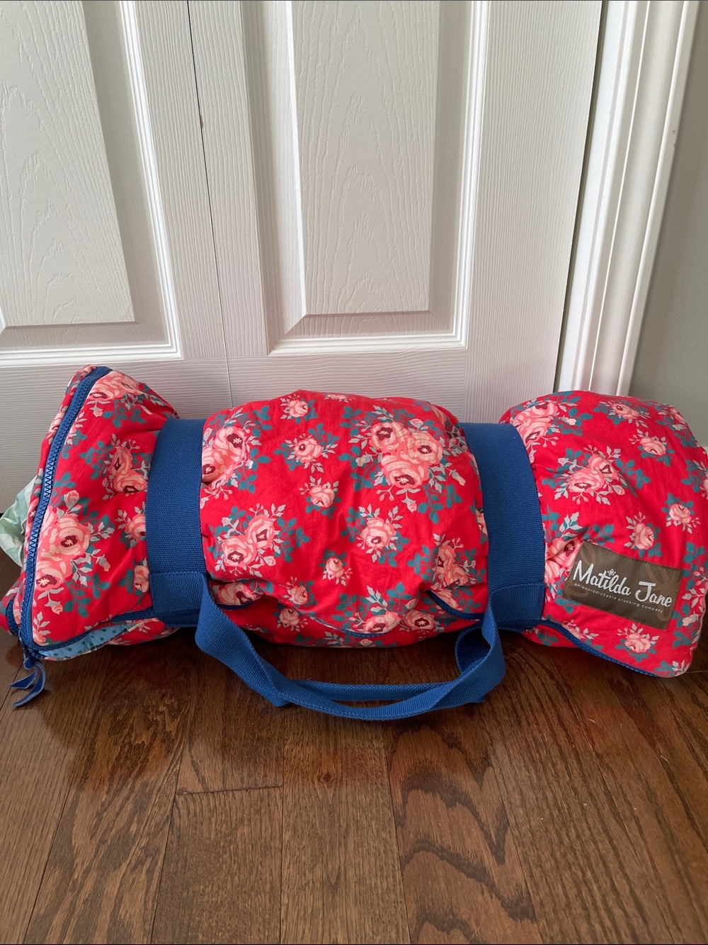 Matilda Jane Red Floral Quilted Travel sleeping bag with Blue Straps